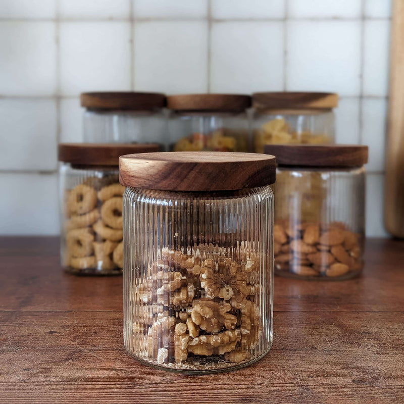 Ribbed Glass Storage Jar with Wooden Covers image 0