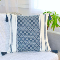 Boho Knit Throw Pillow With Tassels - Blue image
