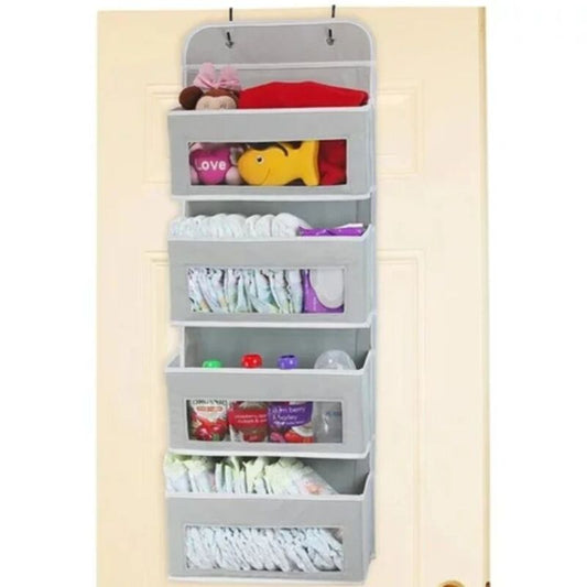 Gray hanging organizer with various items on a white background