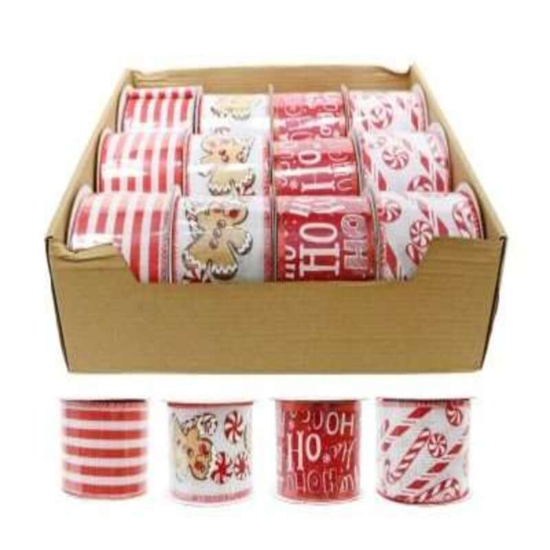 Set of Christmas-themed ribbons in a cardboard box with additional ribbons displayed below.