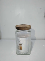 Ribbed Glass Storage Jar with Wooden Covers image 2
