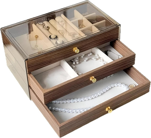 3 Drawer Wooden Accessories Organizer with Clear Lid