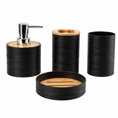 Ribbed Black & Bamboo 6-Piece Bathroom Accessory Set