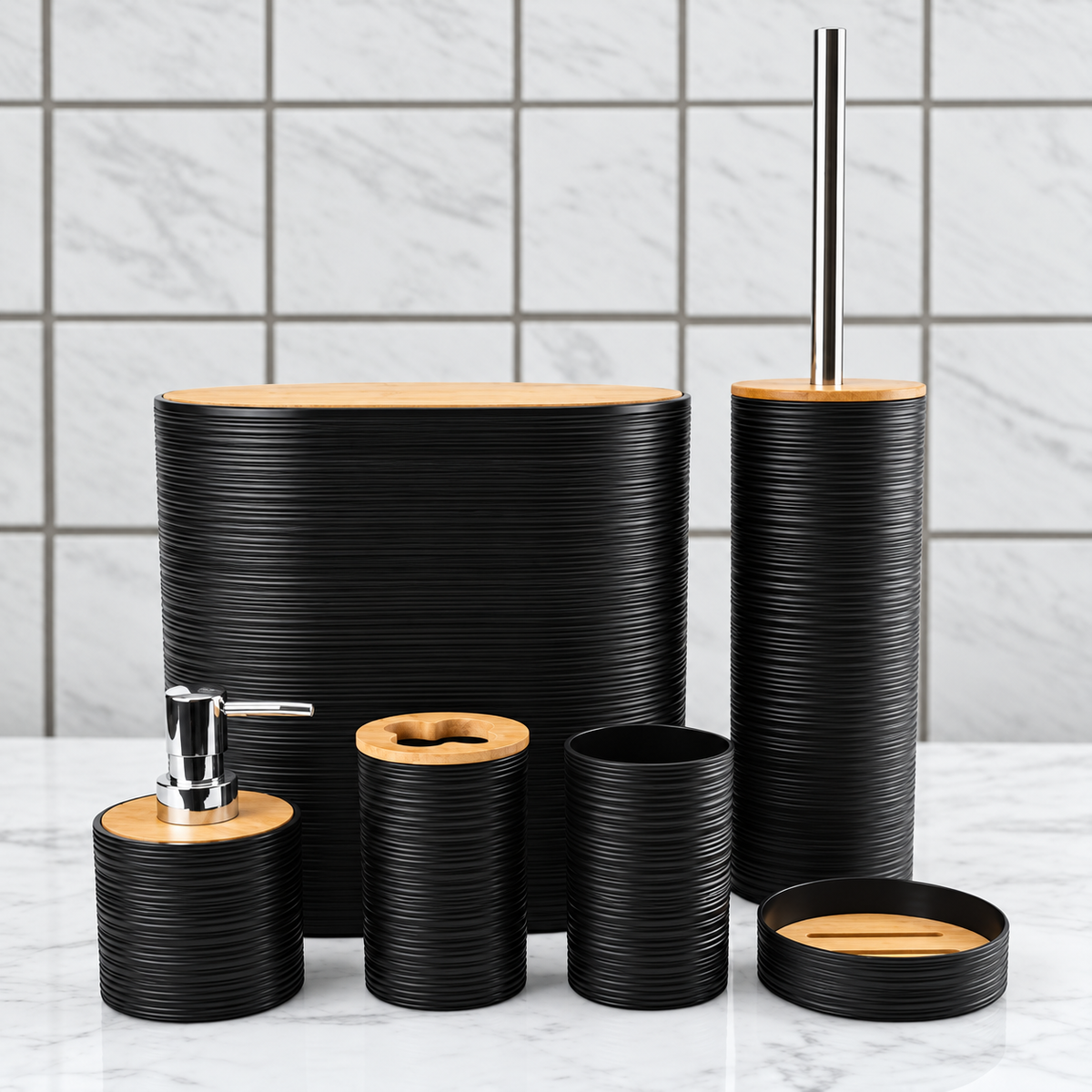 Ribbed Black & Bamboo 6-Piece Bathroom Accessory Set
