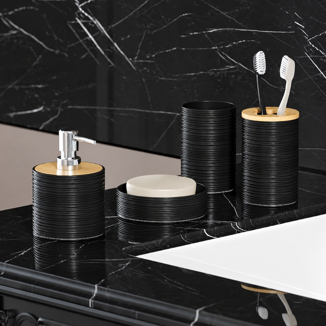 Ribbed Black & Bamboo 6-Piece Bathroom Accessory Set