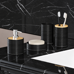 Ribbed Black & Bamboo 6-Piece Bathroom Accessory Set