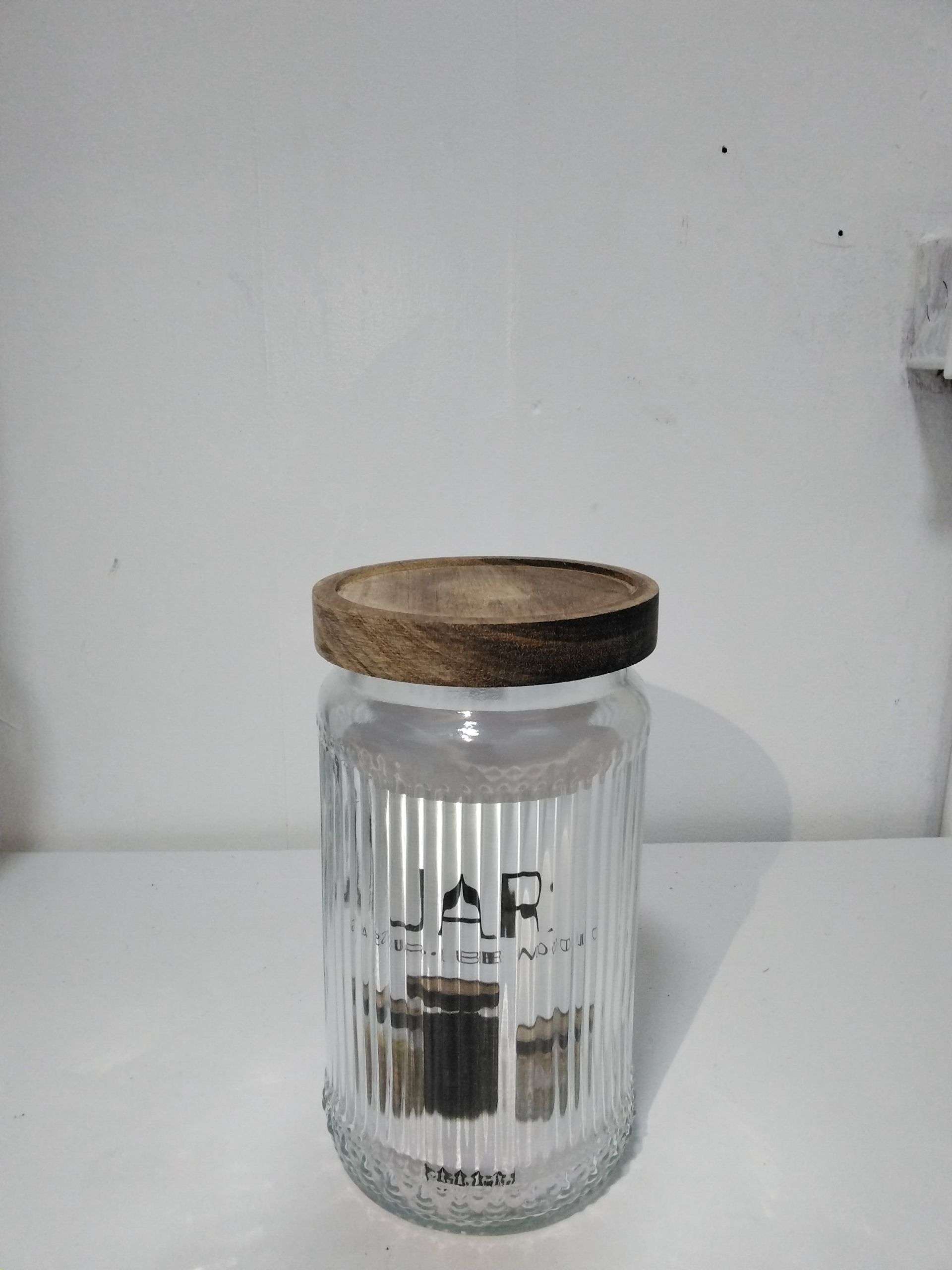 Ribbed Glass Storage Jar with Wooden Covers - Round, 500ML image