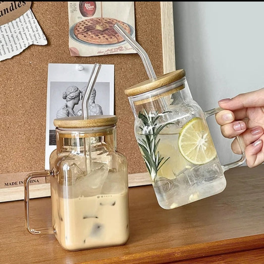 620ml Square Glass With Bamboo Lid and Straw image 1