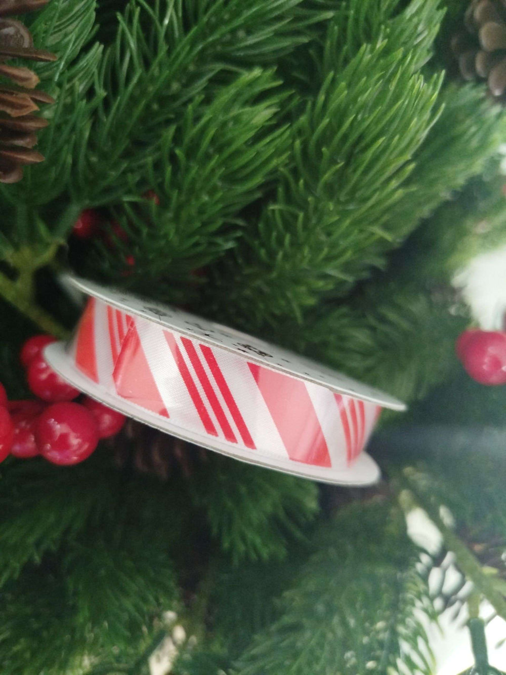 Narrow Christmas Ribbon 1.6cm x 2.7m - Red and White Diagonal Stripe image