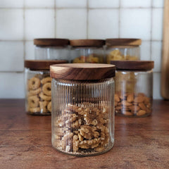 Ribbed Glass Storage Jar with Wooden Covers image 0