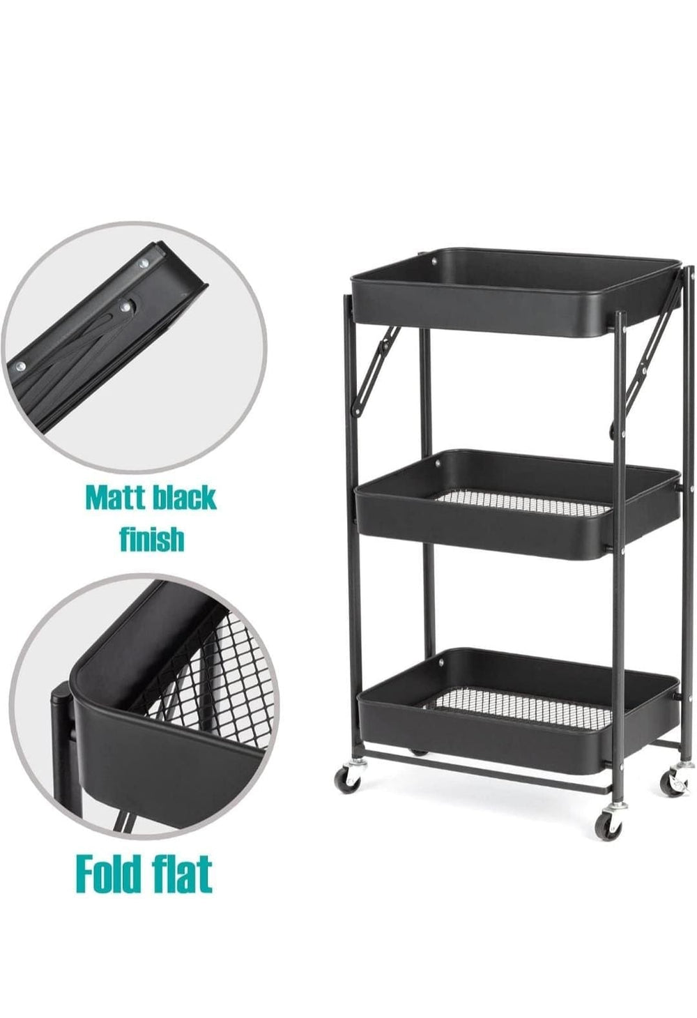Collapsible 3 Tier Metal Cart image 2