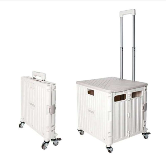 White rolling cart with a handle on a white background