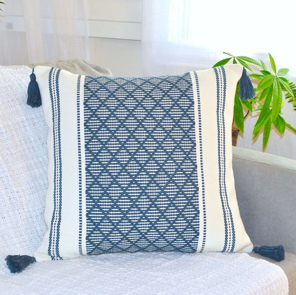 Boho Knit Throw Pillow With Tassels - Blue image