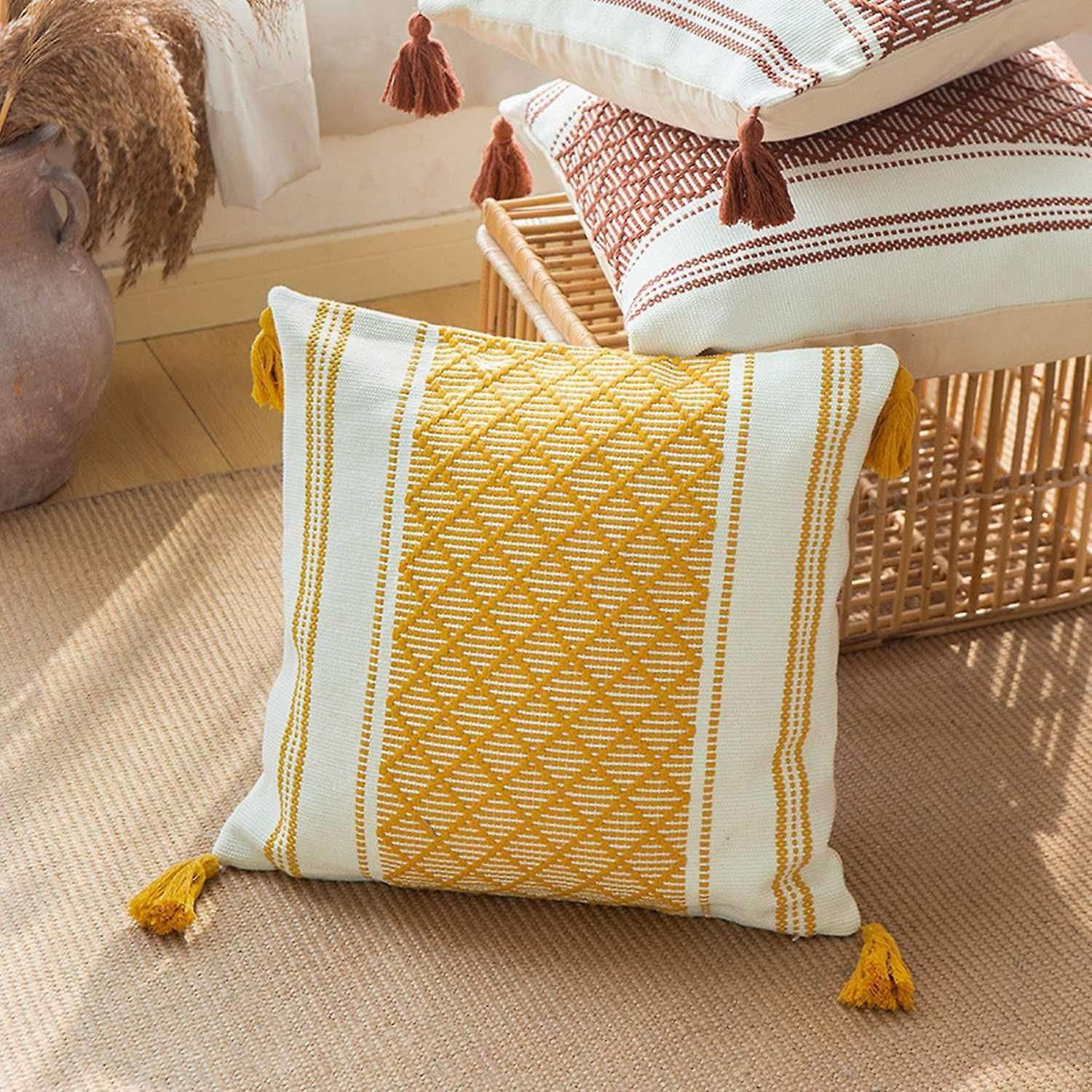 Boho Knit Throw Pillow With Tassels - Mustard image