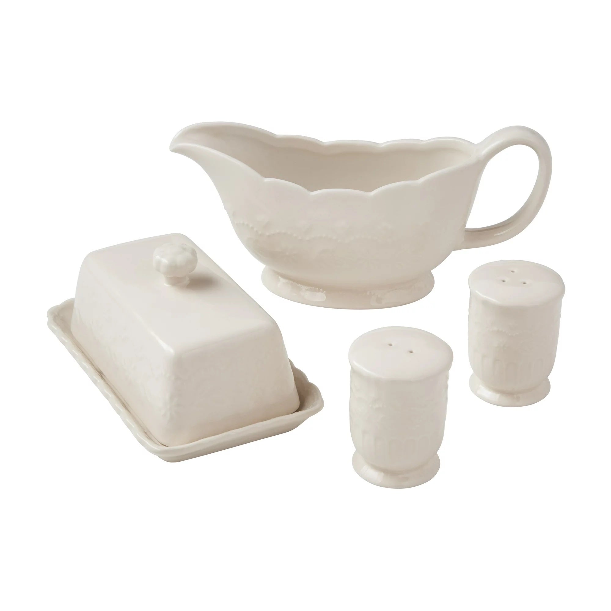 Pioneer Woman Toni 5-Piece Stoneware Butter Dish, Gravy Boat, and Salt &amp; Pepper Serve Set, Linen image 4