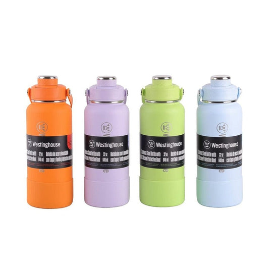 Four colorful water bottles with Westinghouse branding on a white background