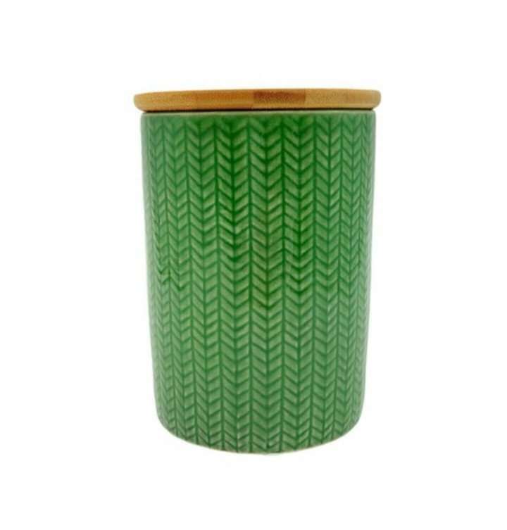 Green Herringbone Ceramic Canister with Bamboo Lid image 2