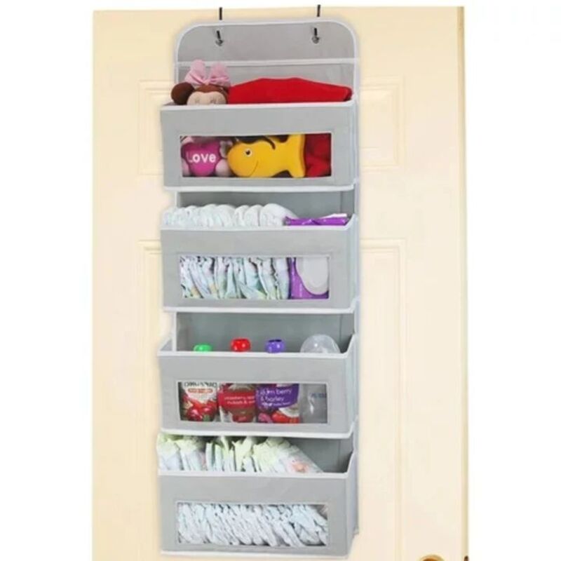 Gray hanging organizer with various items on a white background