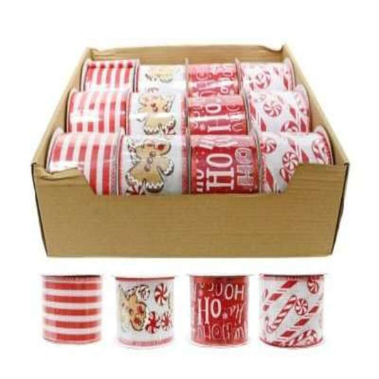 Set of Christmas-themed ribbons in a cardboard box with additional ribbons displayed below.