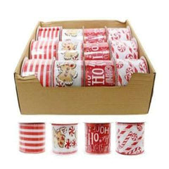 Set of Christmas-themed ribbons in a cardboard box with additional ribbons displayed below.