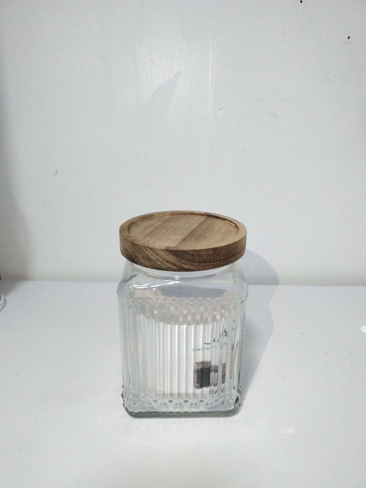 Ribbed Glass Storage Jar with Wooden Covers image 1