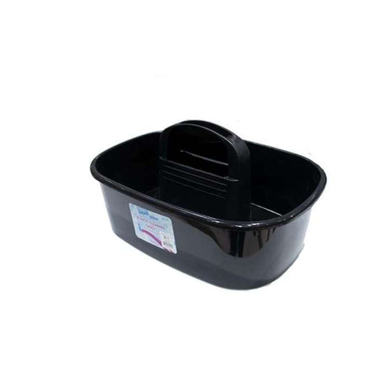 Black plastic container with a handle on a white background