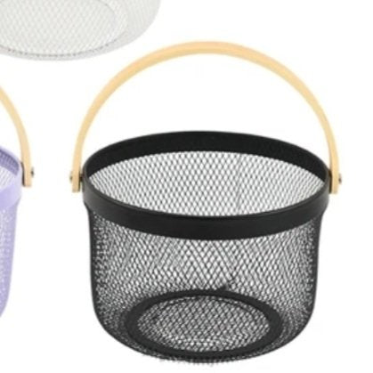 Metal Basket with Wood Finish Handle - Round, White image