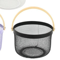 Metal Basket with Wood Finish Handle - Round, White image