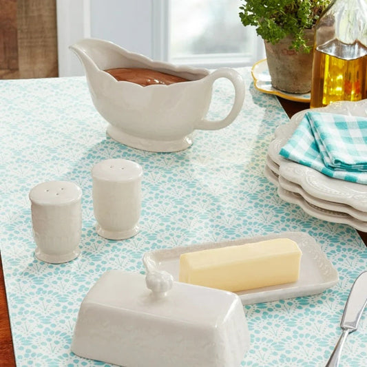 Pioneer Woman Toni 5-Piece Stoneware Butter Dish, Gravy Boat, and Salt &amp; Pepper Serve Set, Linen image 0