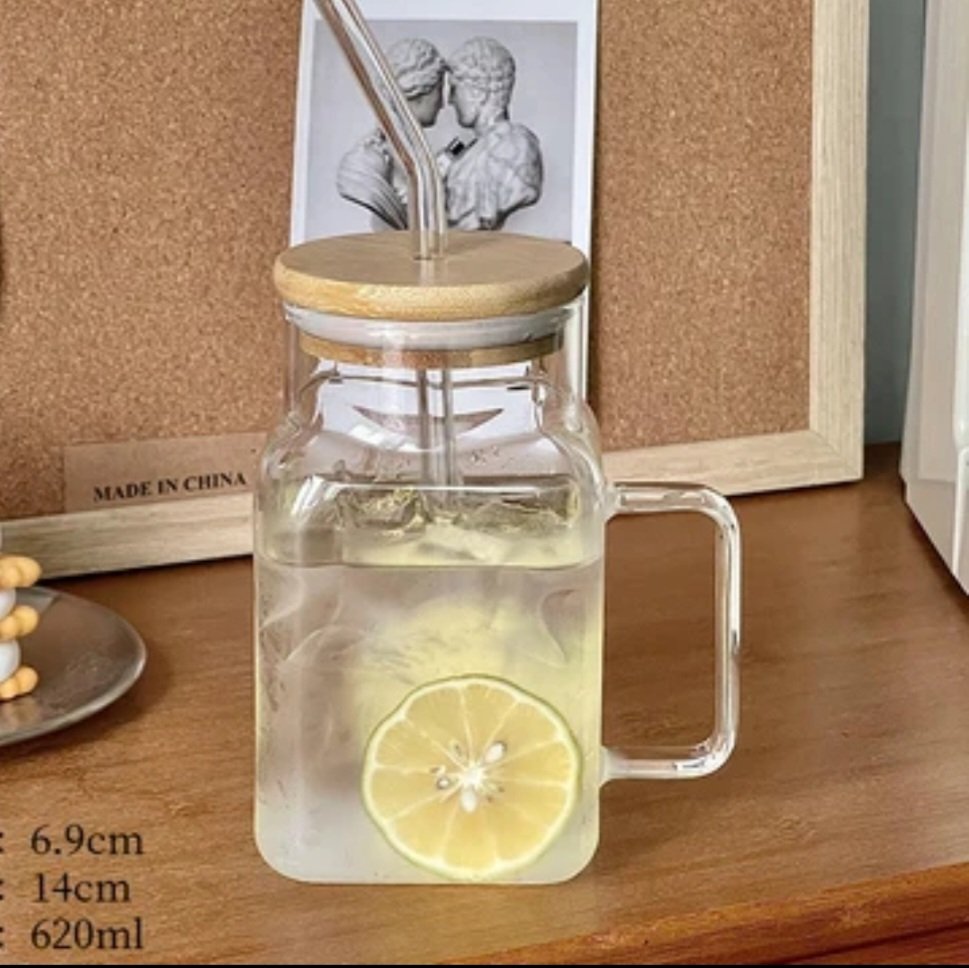 620ml Square Glass With Bamboo Lid and Straw image 2