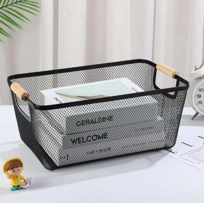 Metal Basket with Wood Finish Handle - Small, White image