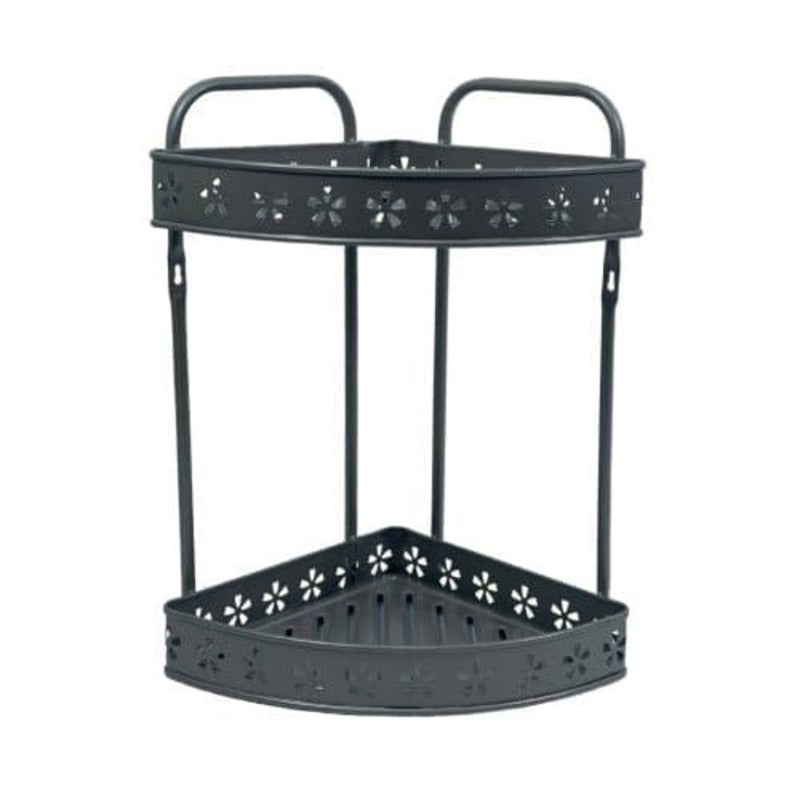 Black metal corner shelf with decorative cutouts on a white background