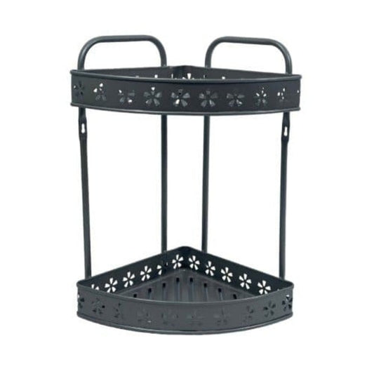 Black metal corner shelf with decorative cutouts on a white background
