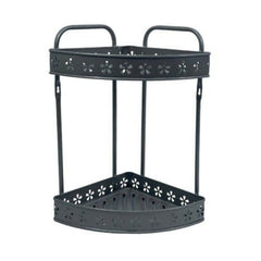 Black metal corner shelf with decorative cutouts on a white background