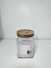 Ribbed Glass Storage Jar with Wooden Covers - Square, 1000ML image