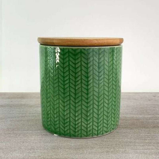 Green Herringbone Ceramic Canister with Bamboo Lid