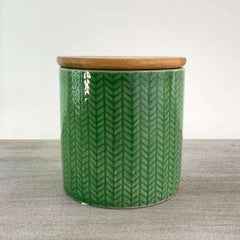 Green Herringbone Ceramic Canister with Bamboo Lid