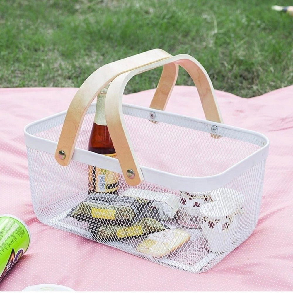 Metal Basket with Wood Finish Handle - Small, Blue image