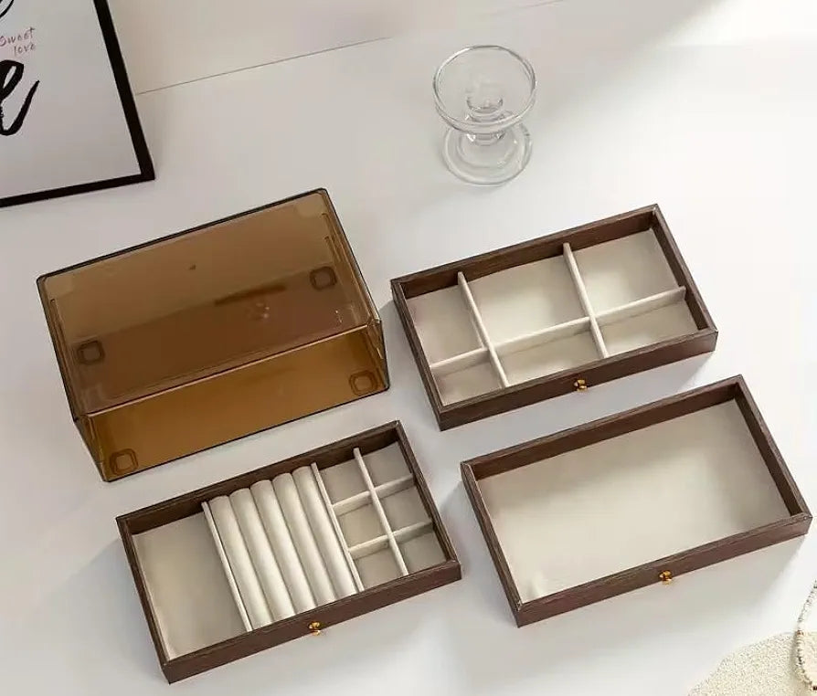 3 Drawer Wooden Accessories Organizer with Clear Lid