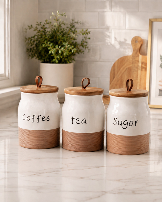 3 Piece Ceramic Canister Set with Wooden Covers