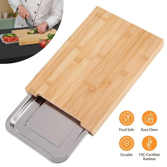 Bamboo Chopping Board with Stainless Steel Tray