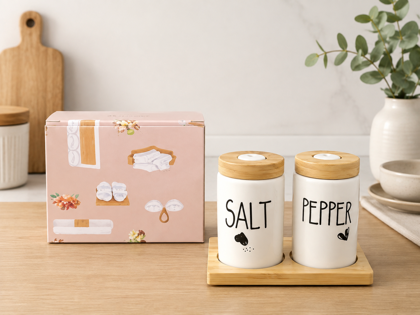 Salt and Pepper Shaker Set with a Wooden Tray