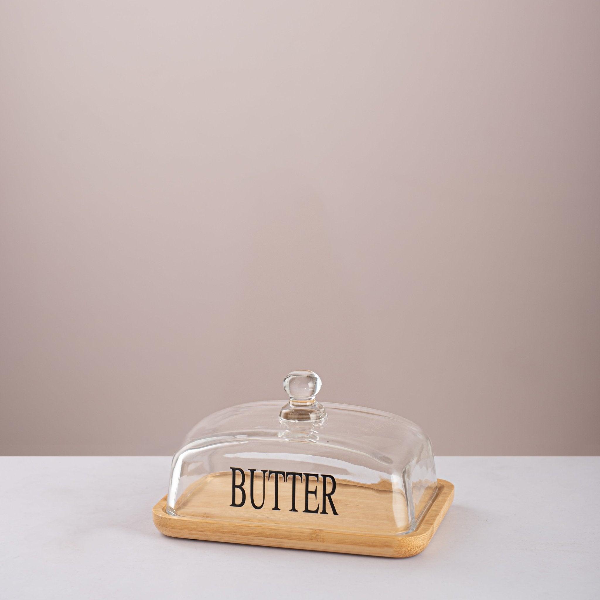 Clear Glass Butter Dish with Bamboo Tray