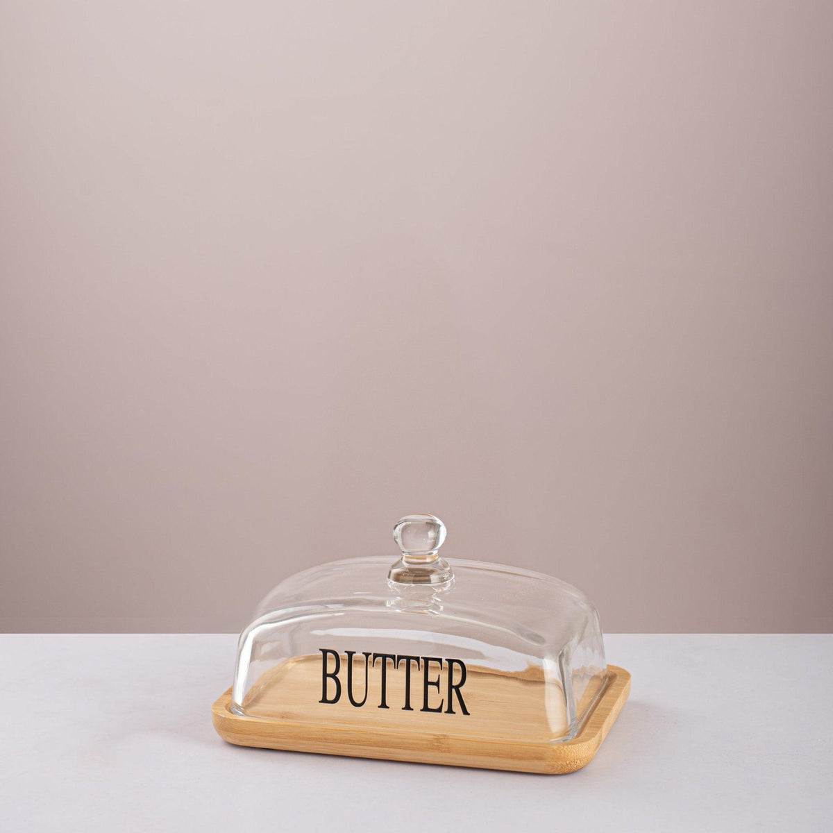 Clear Glass Butter Dish with Bamboo Tray