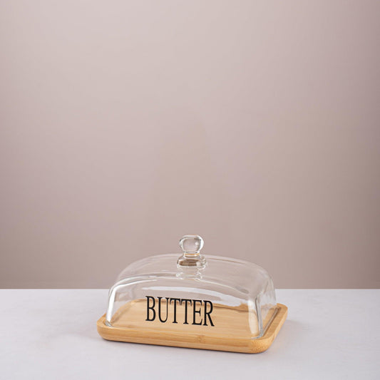 Clear Glass Butter Dish with Bamboo Tray